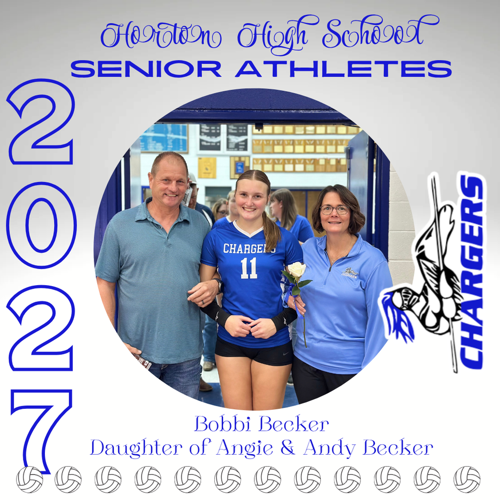 A family stands together, two adults flanking a young woman in a blue jersey, with a school sports team logo.