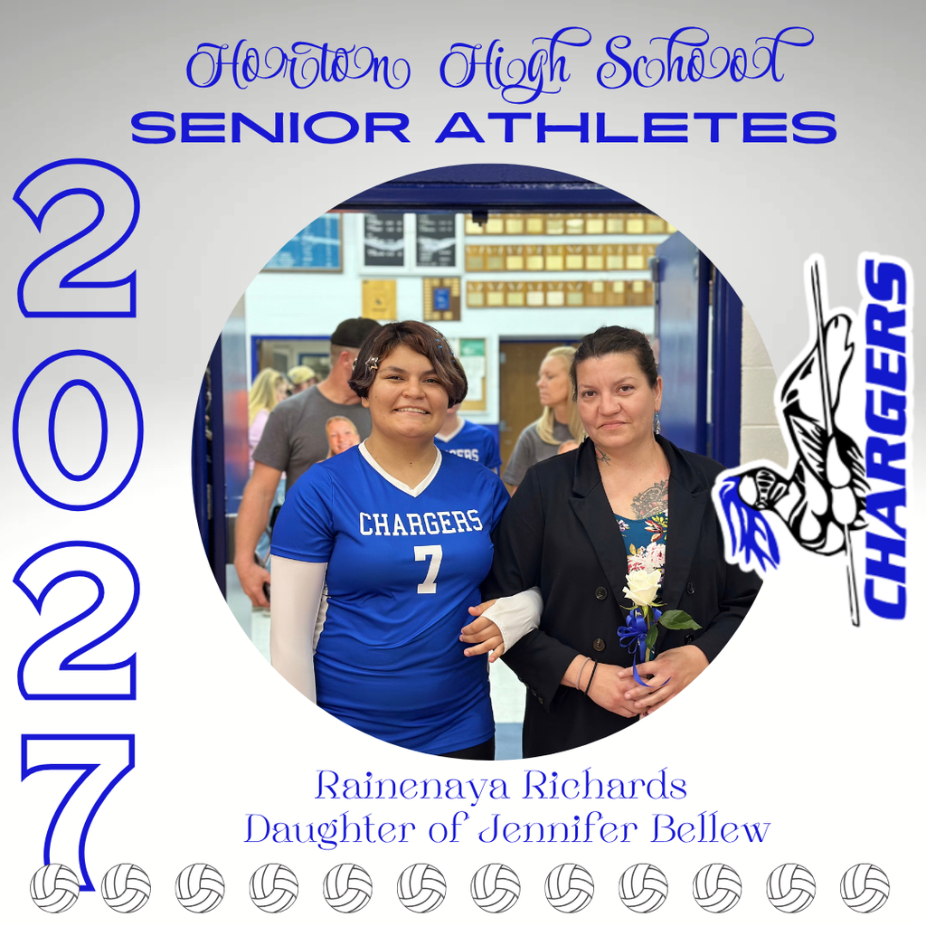 Blue banner with white text reads "Horton High School Senior Athletes." A photo of two women, one in blue and one in black, stands in a circle.