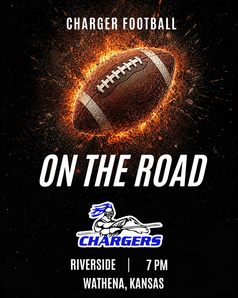 An advertisement for Charger football with a football on fire. Text reads: "ON THE ROAD". Location and time at bottom.