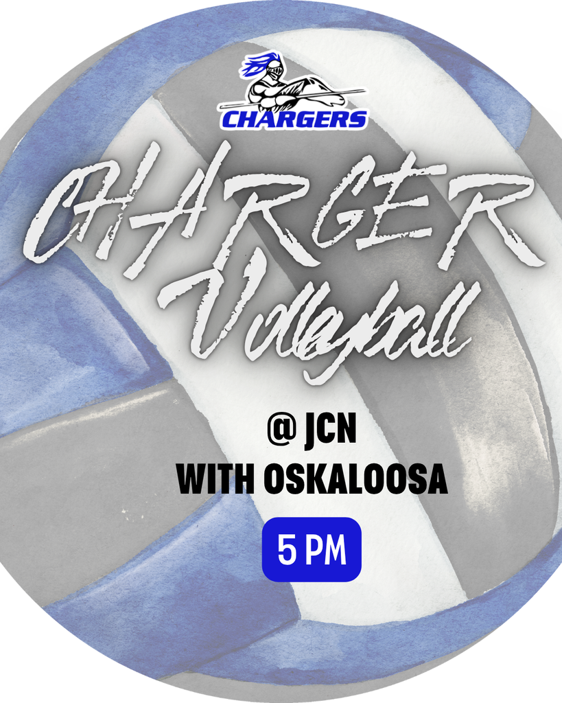 Circular graphic with a volleyball design. "CHARGER Volleyball @ JCN WITH OSKALOOSA" and a time of 5 PM are displayed.