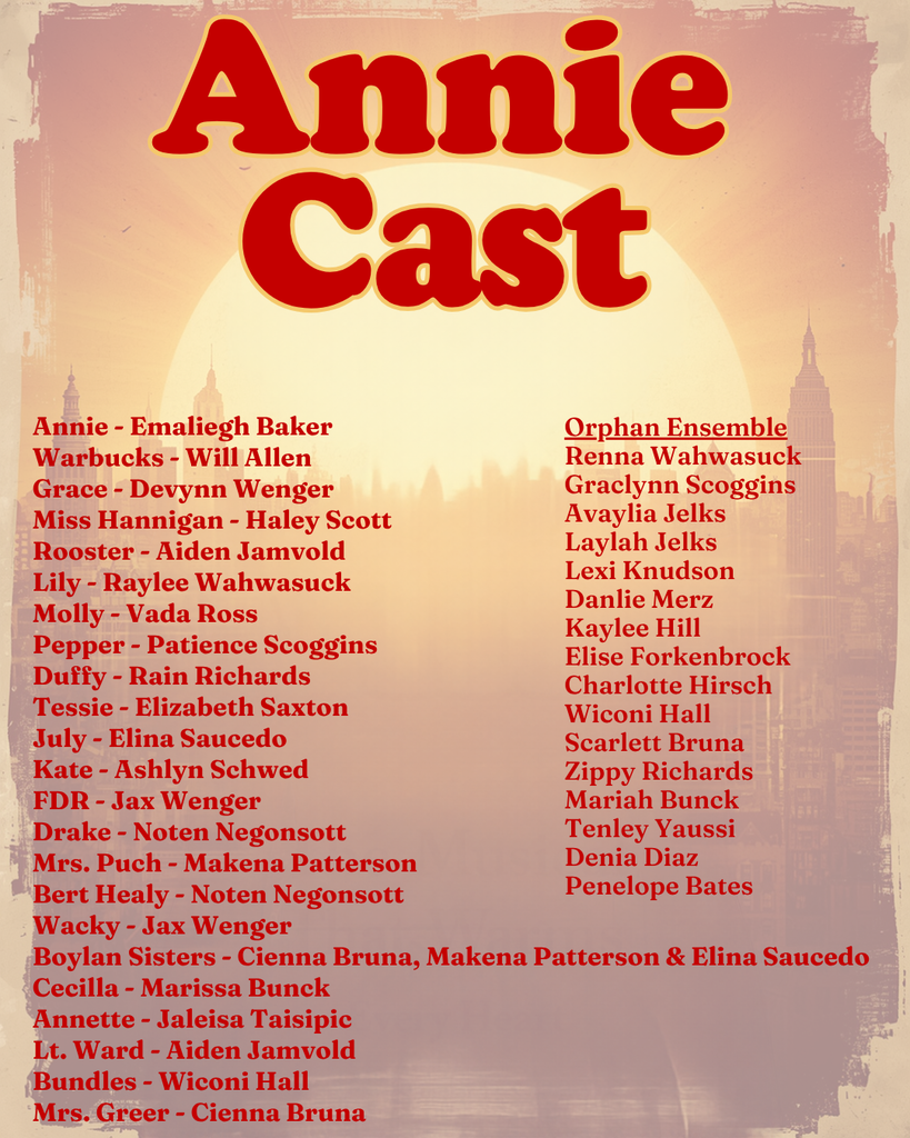 A poster with bold text features a list of cast members for "Annie," including names like Emily Baker, Grace, and others.