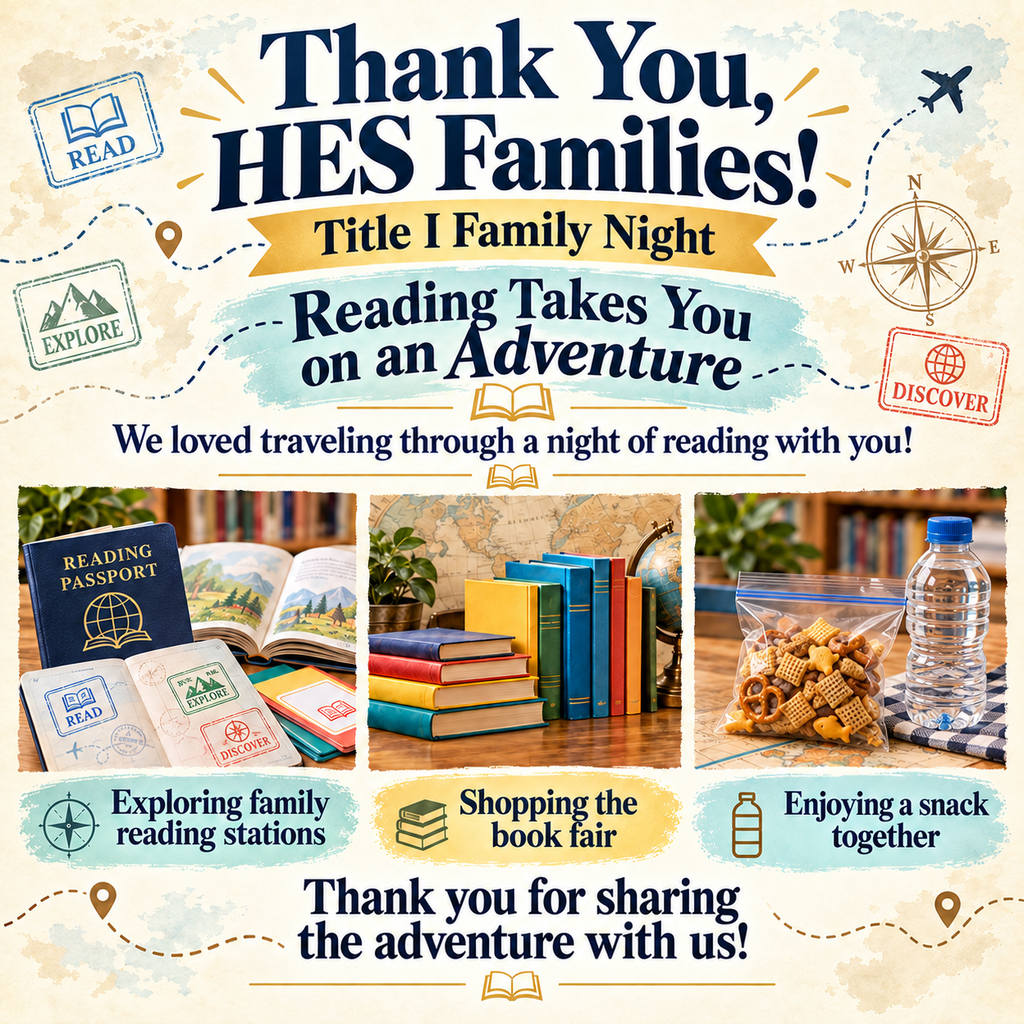 A collage of family night activities. Books, snacks, and a bottle are shown. Text reads, "Thank You, HES Families!"