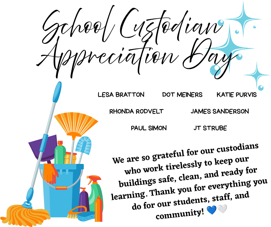 Text reads "School Custodian Appreciation Day" above a list of names. Graphic includes a cleaning bucket and tools.