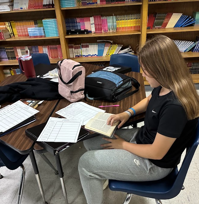 A person sits at a desk reading a book.