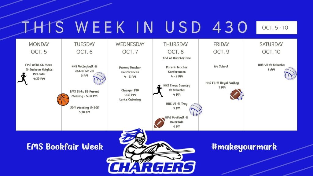 A blue-backgrounded schedule shows dates from October 1 to October 10. The "Chargers" logo is at the bottom.