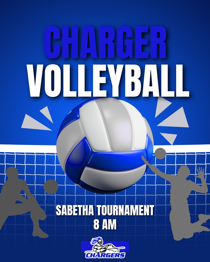 Blue banner with Charger Volleyball, a volleyball, and two players. Event is Sabetha Tournament at 8 am.