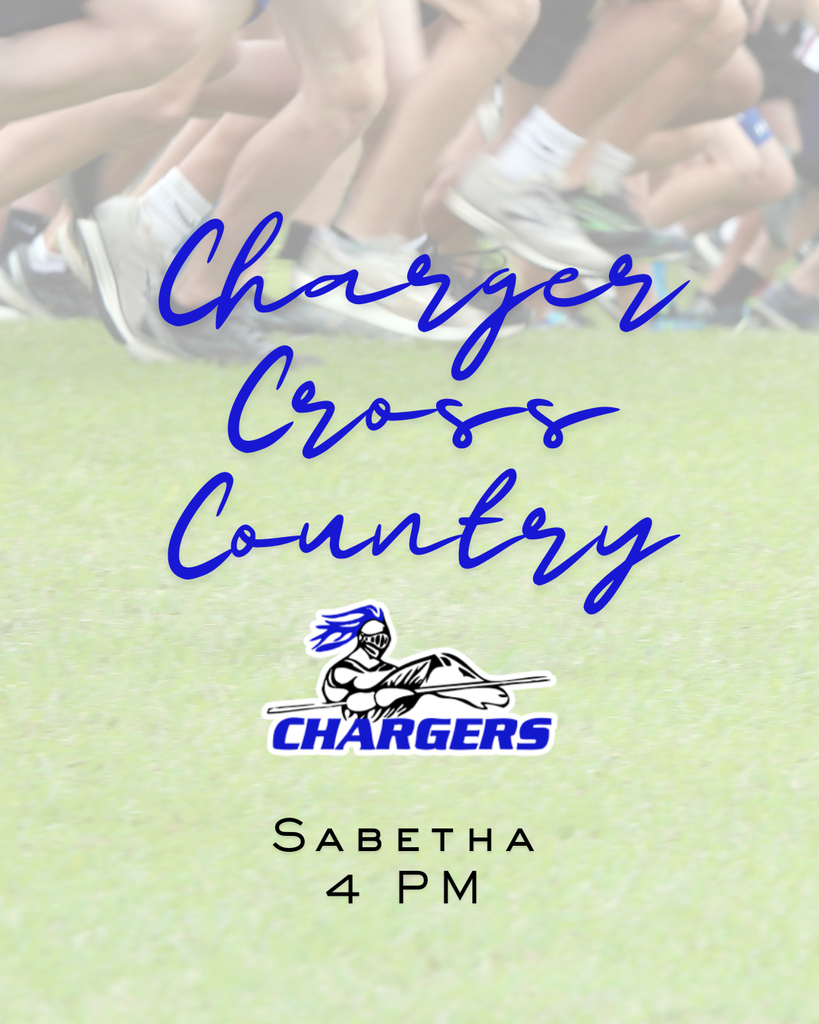 Text overlay on blurred background shows legs of runners in sneakers. Words read: Charger Cross Country, Chargers, Sabetha, 4 PM.