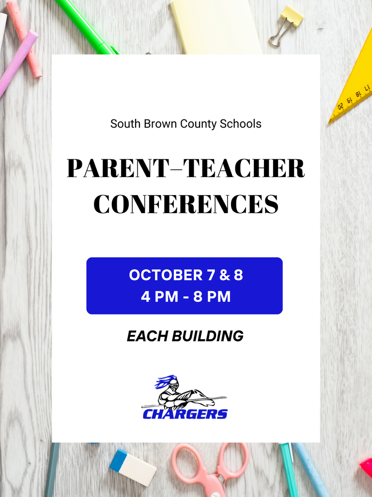 A white card displays "Parent-Teacher Conferences" text, including date and time details, on a wood surface. Surrounding items include scissors, pencils, and other school supplies.