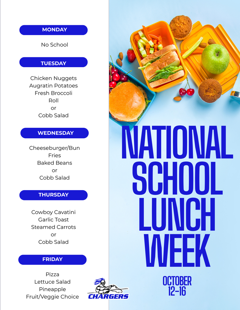 A school lunch menu for October 12-16 is displayed. It includes options such as Chicken Nuggets, Pizza, and Cobb Salad.
