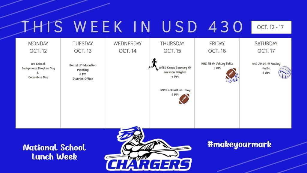 A weekly schedule on a blue background lists activities from Monday, October 10 to Saturday, October 15, including National School Lunch Week.