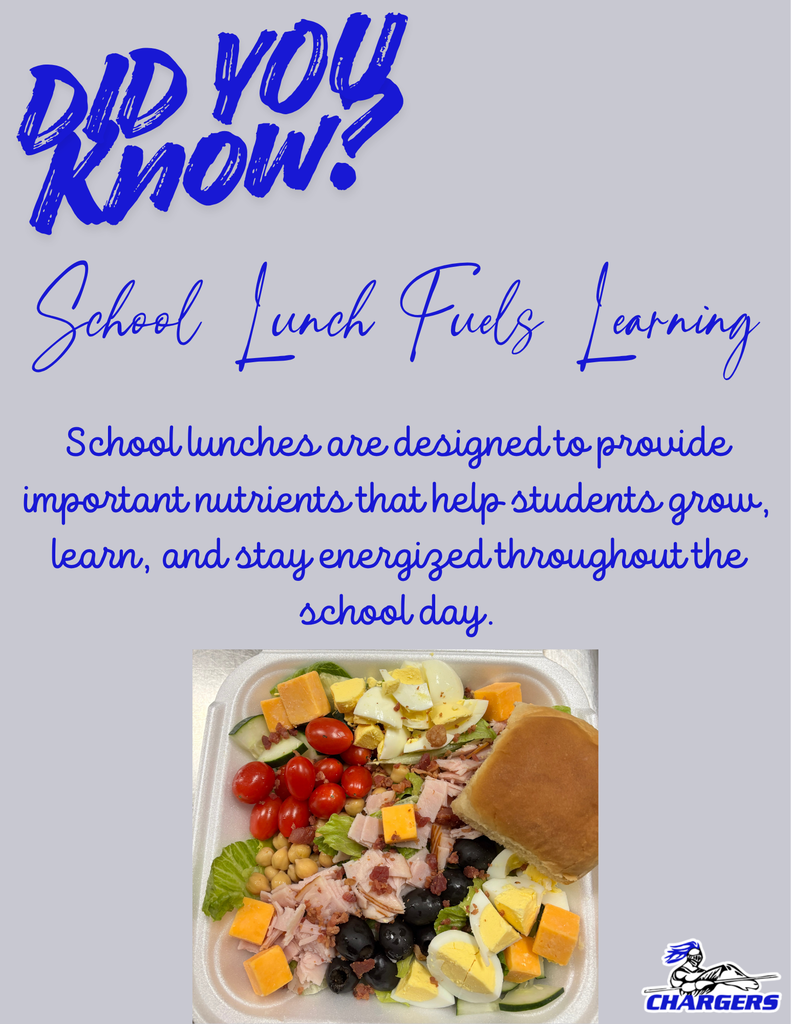 A poster with text "Did You Know?" and "School Lunch Fuels Learning" next to a photo of a school lunch.