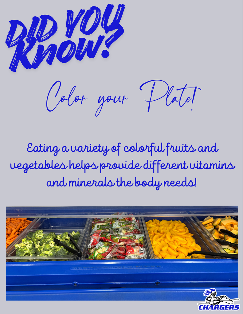 An advertisement encourages eating colorful fruits and vegetables. Below, a blue tray holds broccoli, peppers, pasta, and more.