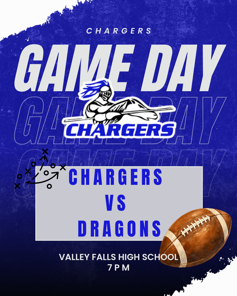 Blue background with white and blue text. It reads "Chargers Game Day" and "Chargers vs Dragons" with a football on the right.