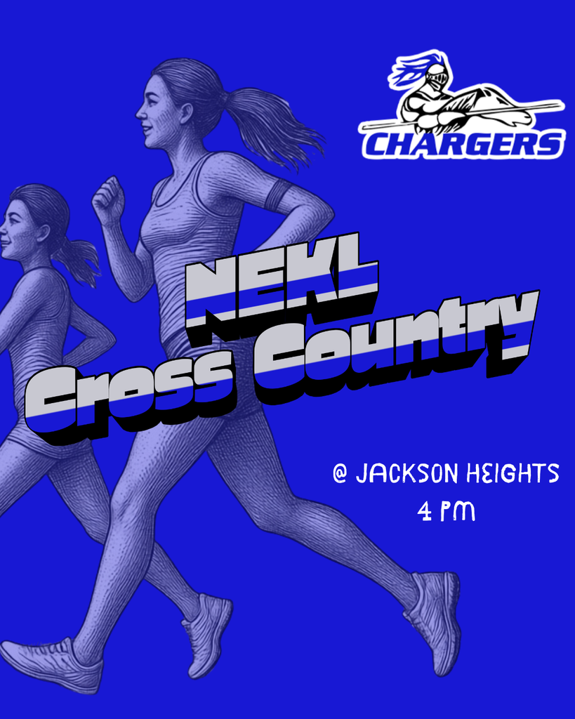 An advertisement shows two women running in front of a blue background. "NEKL CROSS COUNTRY" is written in bold, with the Chargers logo above.