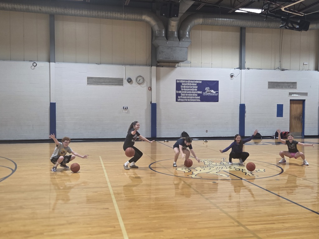 A group plays basketball in an indoor court. Several players run and dribble the ball.