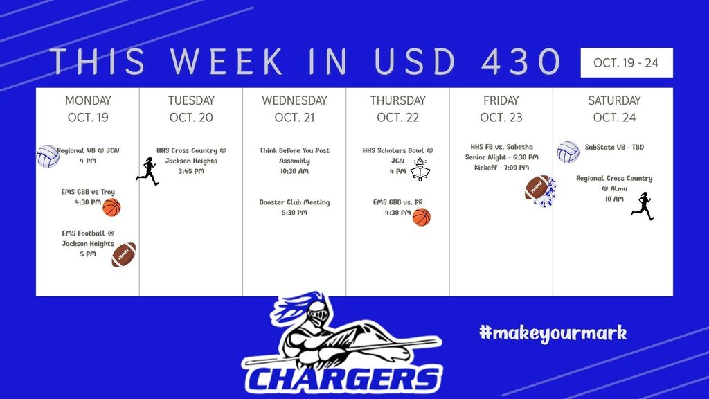Calendar with 'This Week in USD 430' at top. Dates from Oct 18-24. Columns for Monday-Saturday. Drawings of footballs and runners.