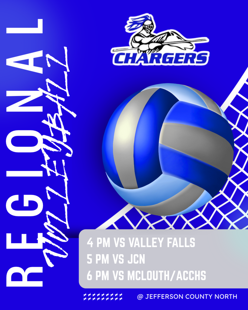Volleyball with net. "Regional" text and logo in background. Schedule below reads: 4 PM vs Valley Falls, 5 PM vs JCN, 6 PM vs McLouth/ACCHS.