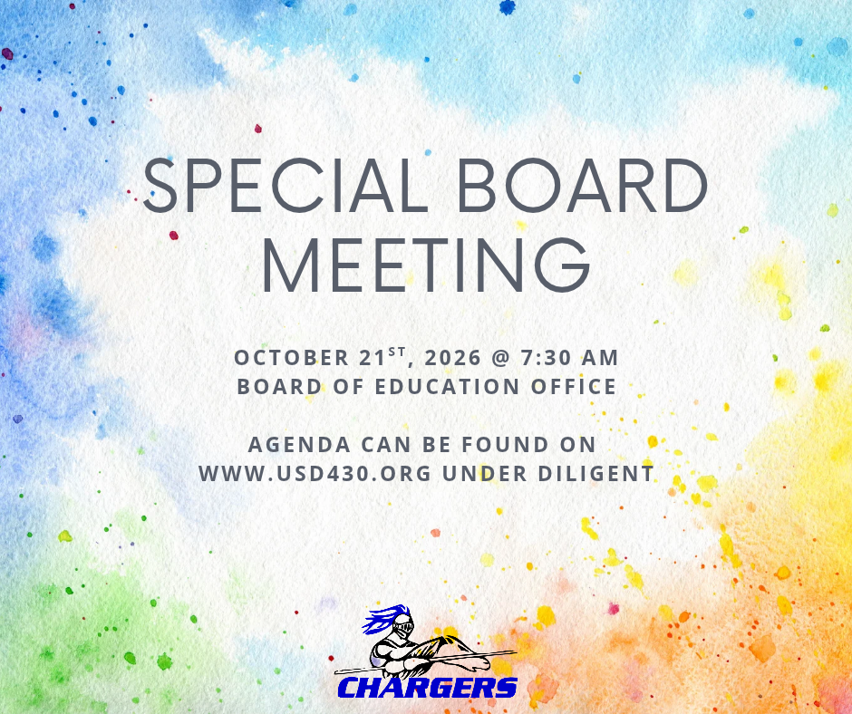 A colorful poster with blue, green, yellow, and orange splashes. It reads "SPECIAL BOARD MEETING" with details on the date, time, and location.