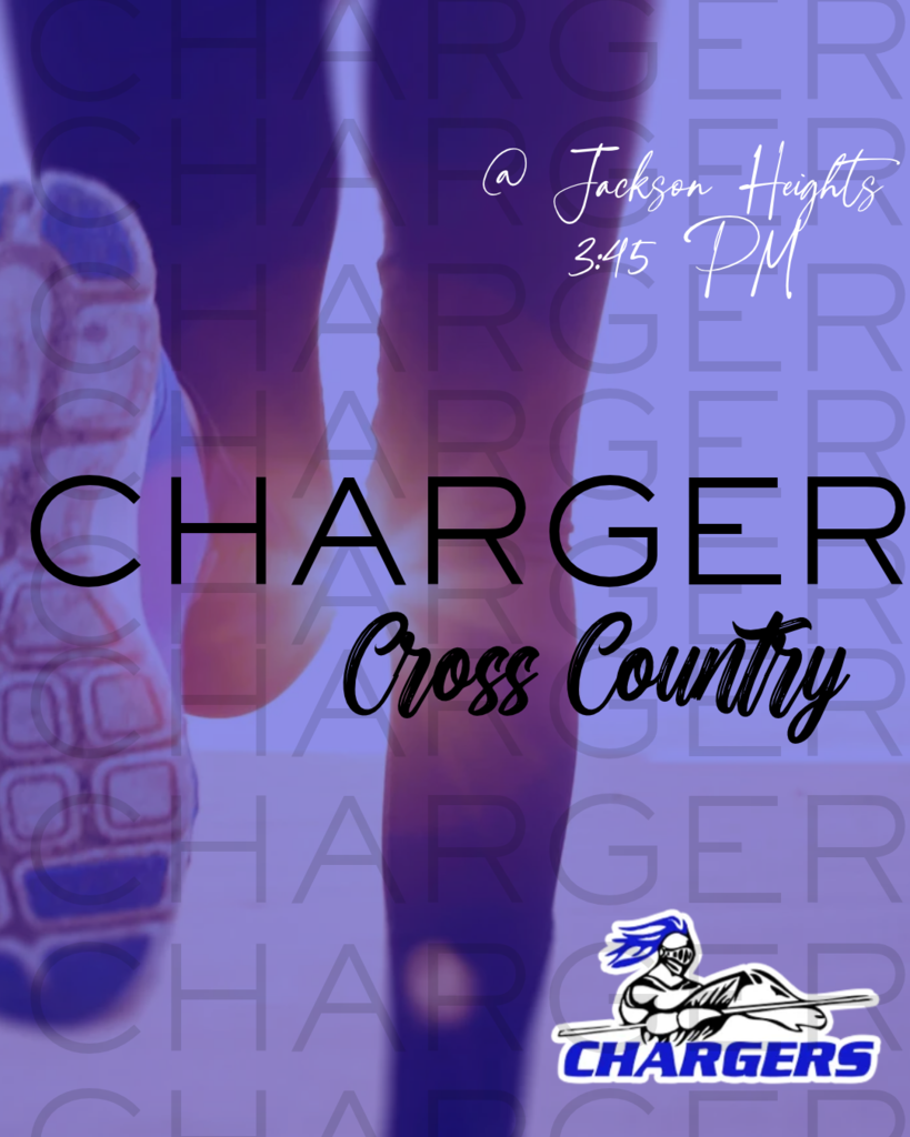 Purple background with text. A sneaker, legs in purple pants, and logo. Words "CHARGER Cross Country" and time "3:45 PM".