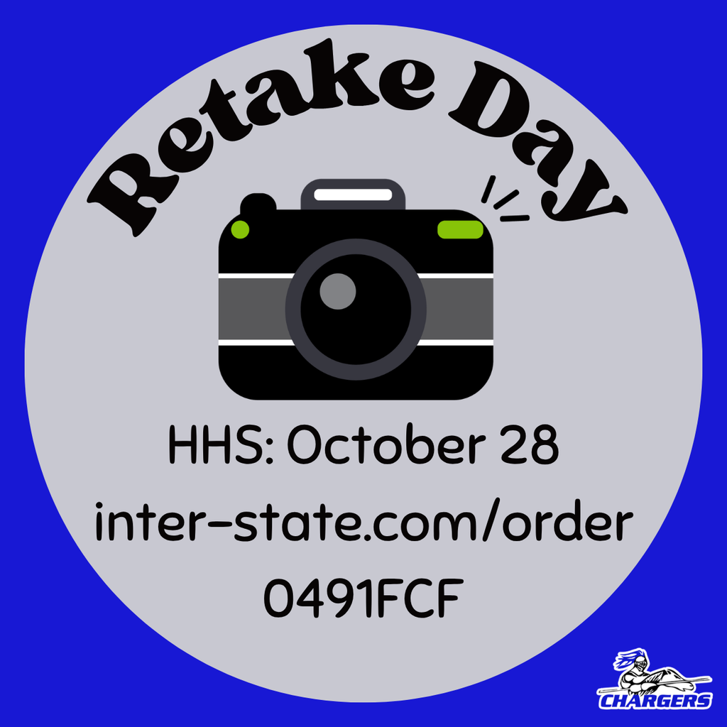 Advertisement for Retake Day. Black camera icon with lens and flash. Text: Retake Day, HHS: October 28, inter-state.com/order 0491FCF, Chargers logo.