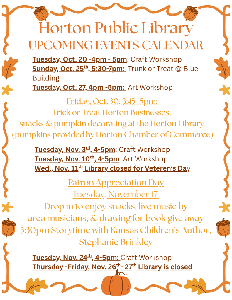 Calendar with event dates for a library, with decorative leaves and pumpkins in the corners.