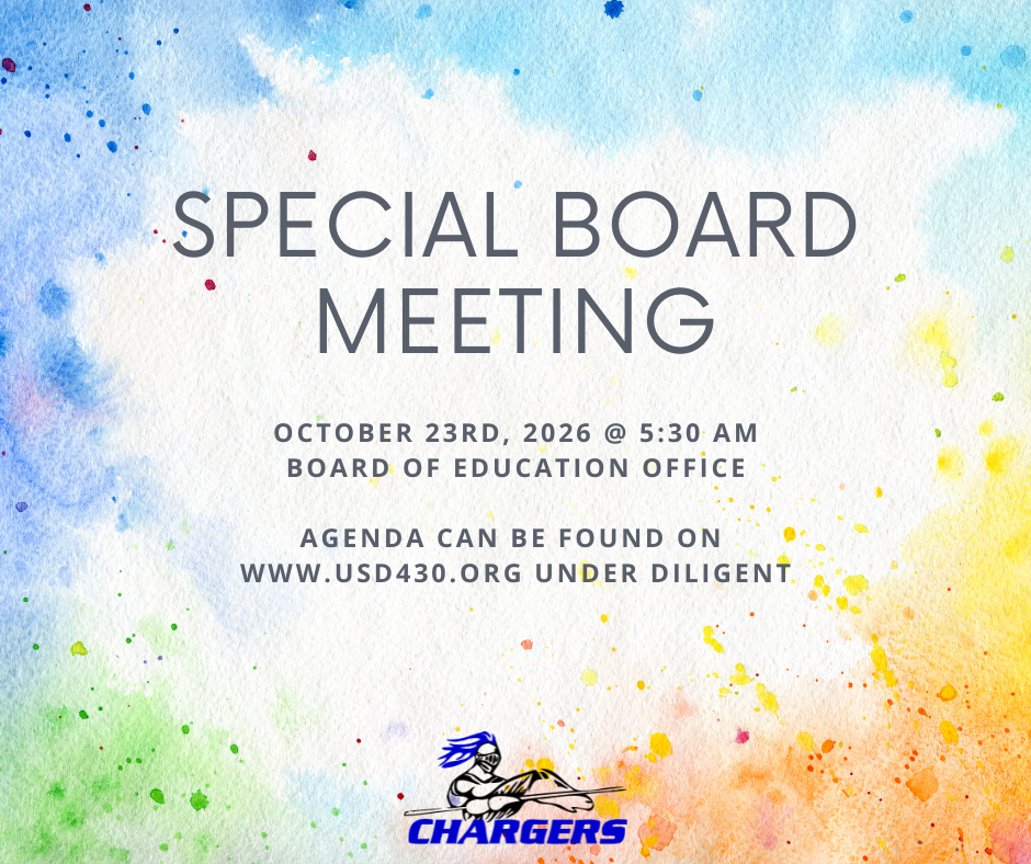 Poster for a special board meeting on October 23rd, 2026, 5:30 AM. Watercolor background with Chargers mascot and text.
