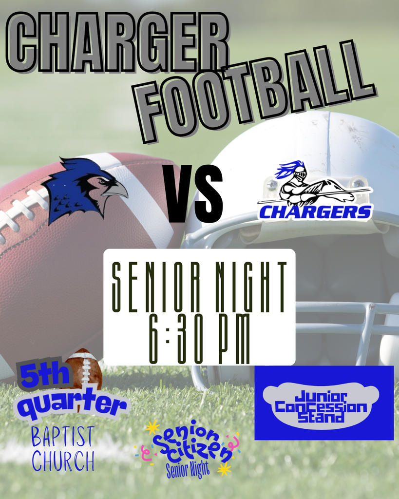 A football, a football helmet, and a white sign that says "Senior Night 6:30 pm" are on a green field.