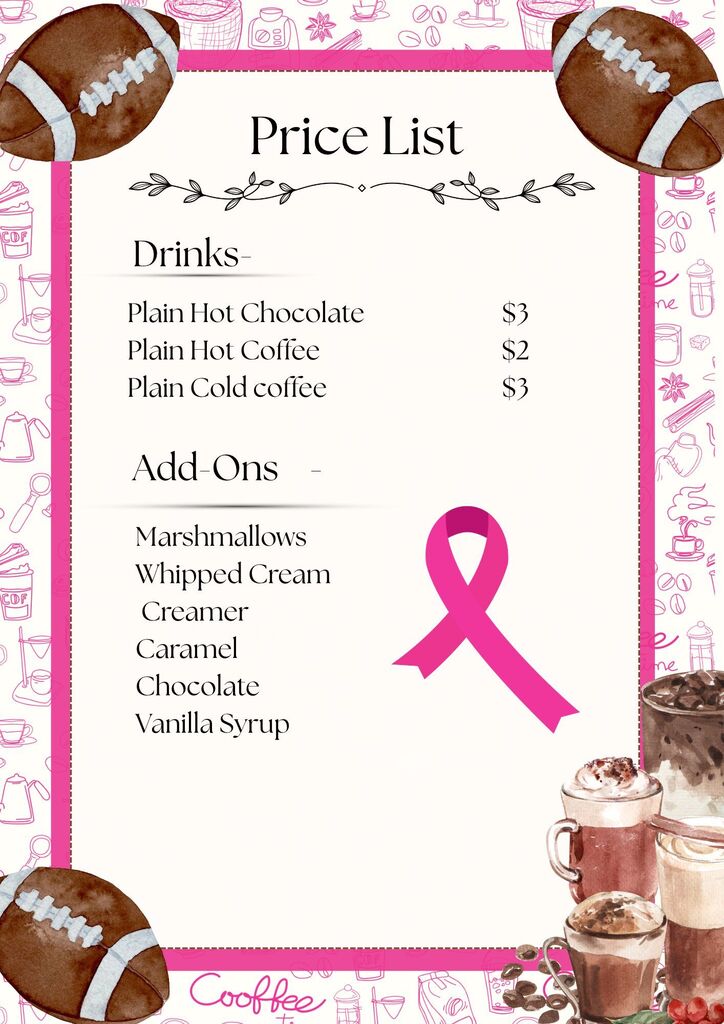 A menu shows options for drinks and add-ons, with a pink ribbon and footballs in the background.