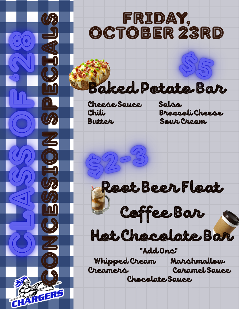 Menu displays prices for baked potato bar, root beer float, and coffee bar with various toppings and sauces.