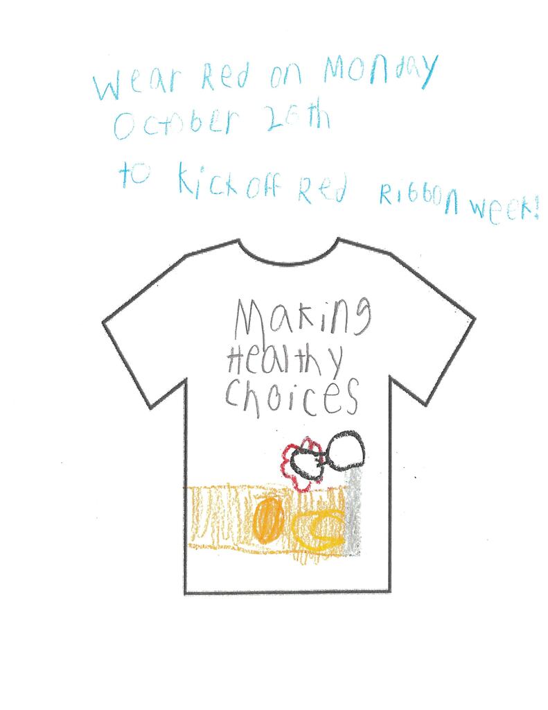 A white T-shirt features a drawing of a body and a brain, with the words "Making Healthy Choices" in blue.