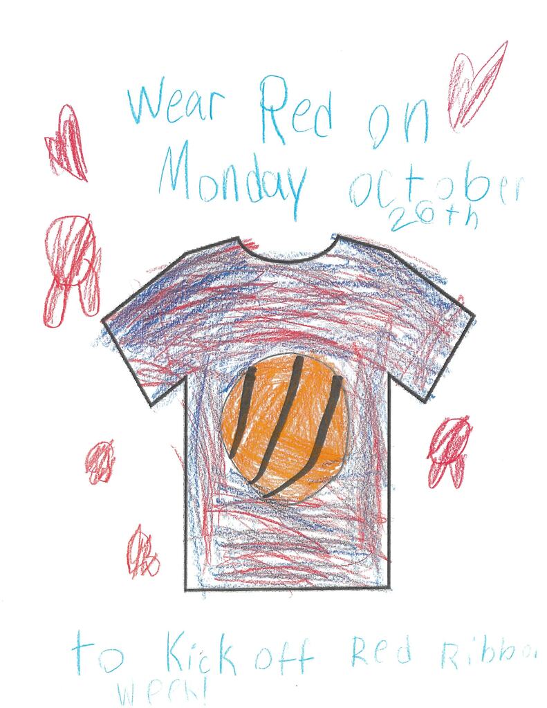 Drawing of a t-shirt with a basketball on it, surrounded by hearts. Words above say "Wear Red on Monday October 26th".