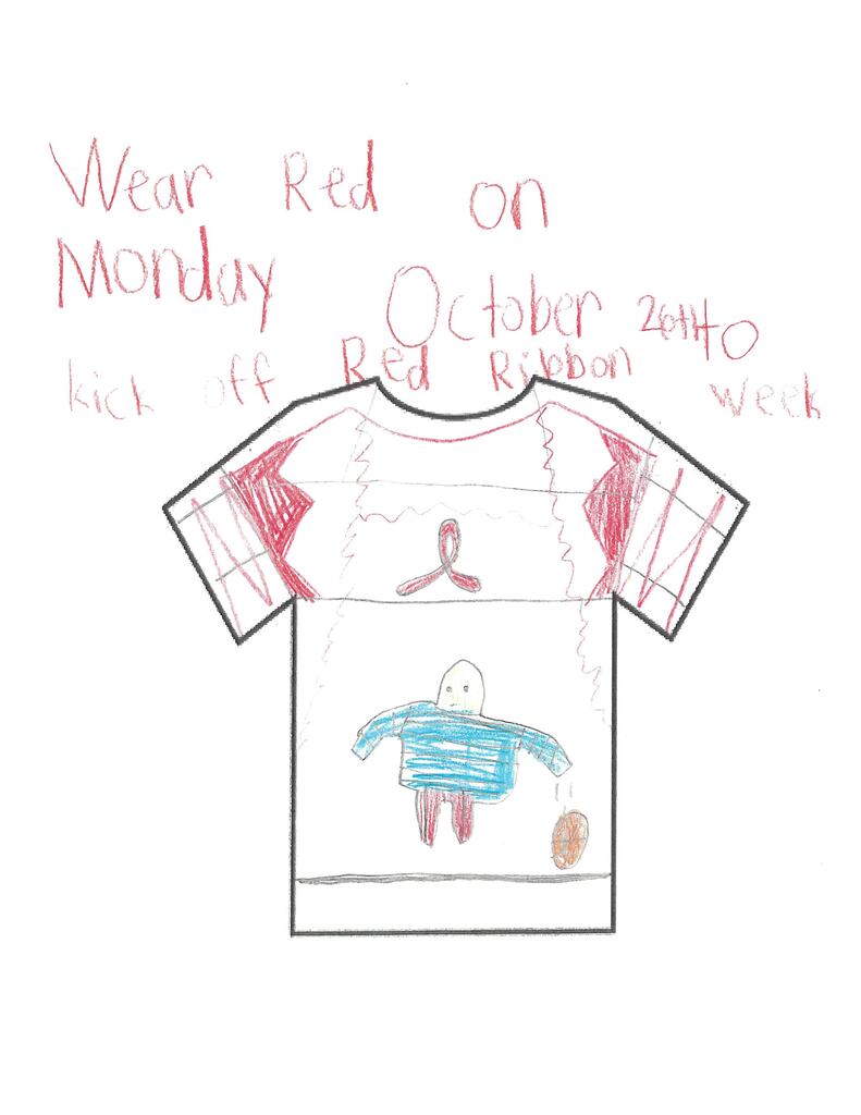 A colorful drawing of a white shirt with a drawing of a person and the words "Wear Red on Monday October 24th-Kick Off Red Ribbon Week."