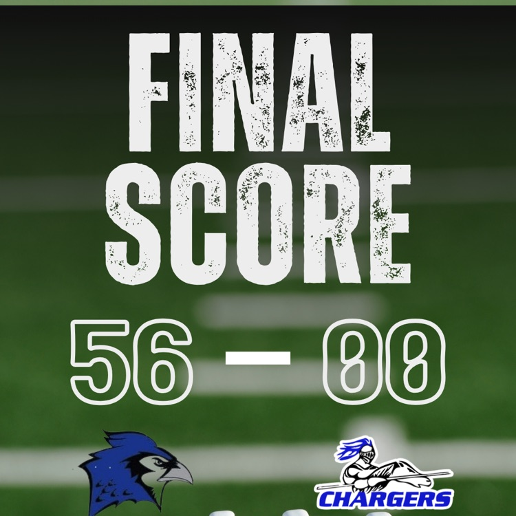 Final score 56 - 00 text over an American football. Chargers logo on both sides of football. Blue bird on left side.