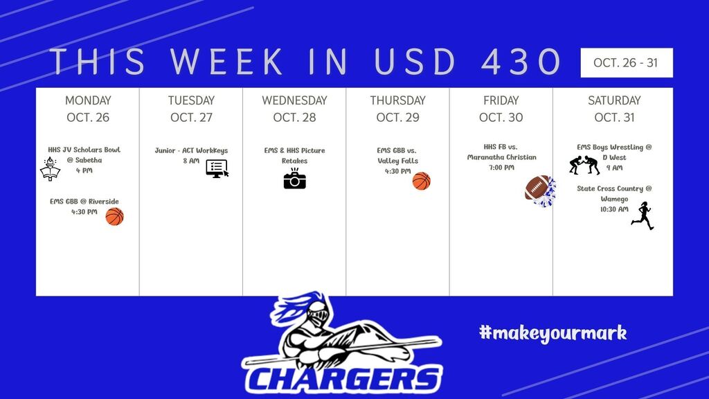 Blue background with white text. Days of the week and dates. Sports equipment and people in action. "Chargers" logo at the bottom.