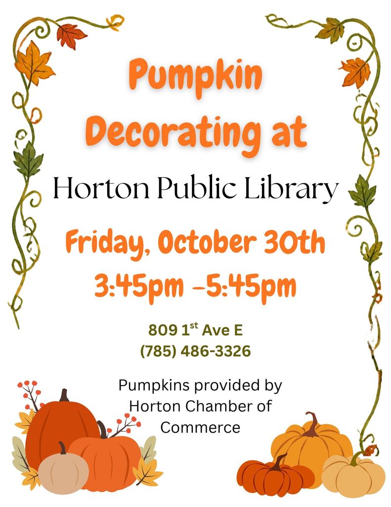 Flyer shows pumpkins, leaves, and vines with text "Pumpkin Decorating at Horton Public Library".