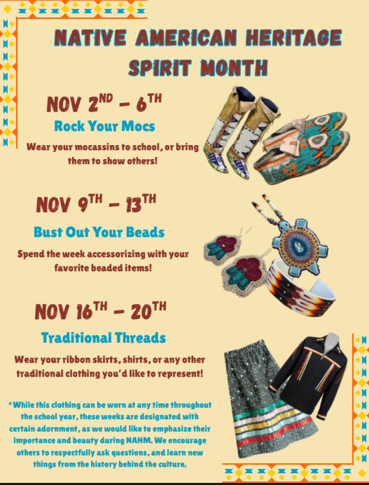 Poster shows Native American Heritage Spirit Month schedule. Includes sections for mocassins, beaded items, and traditional clothing.