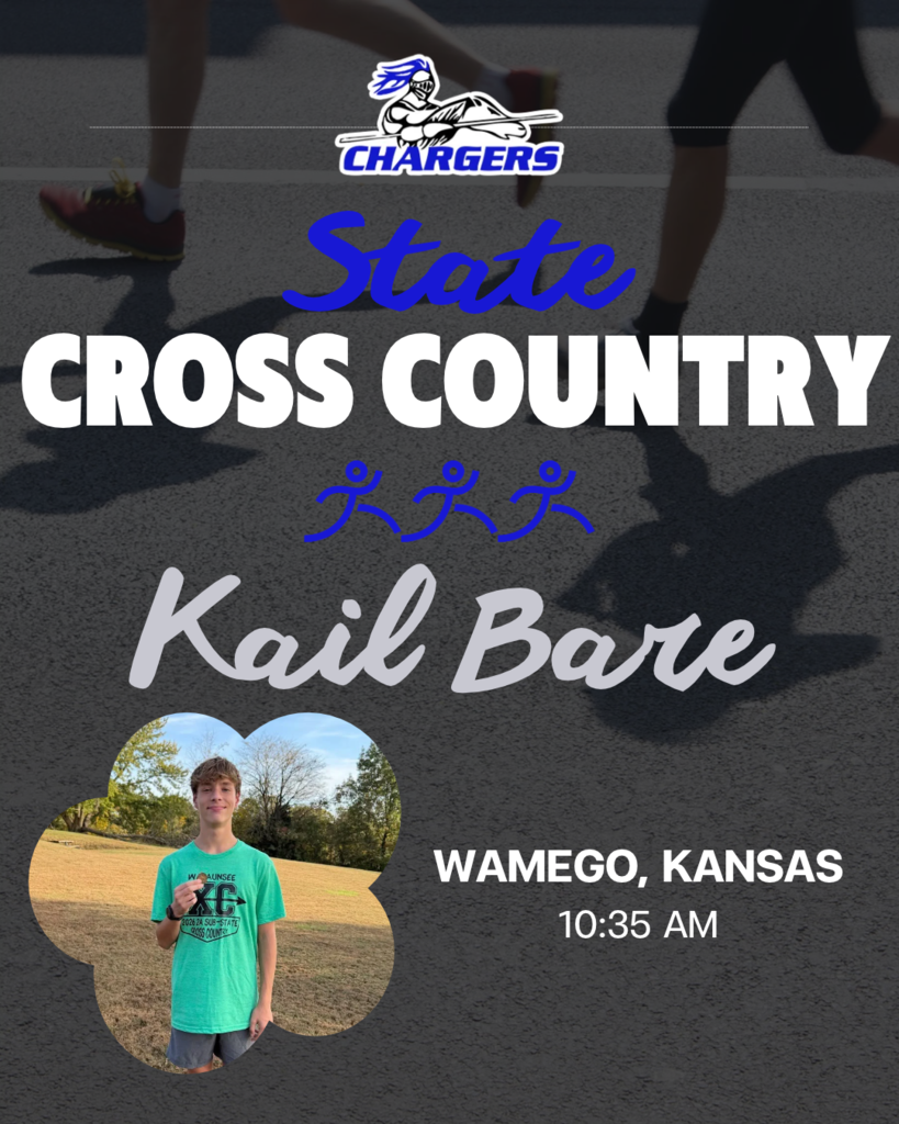 Graphic of "State Cross Country" with Charger logo, runners, and a photo of a boy in a field.