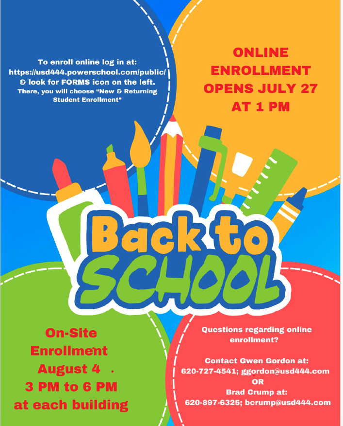 Back to School Online and On-Site Enrollment Information.  It has various school supplies and Back to School lettering in yellow orange, green with a blue outline.