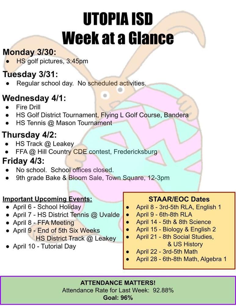 Thursday 4/2: HS Track @ Leakey FFA @ Hill Country CDE contest, Fredericksburg Friday 4/3: No school. School offices closed. 9th grade Bake & Bloom Sale, Town Square, 12-3pm Tuesday 3/31: Regular school day. No scheduled activities. Saturday 3/28: Prom, UTOPIA ISD Week at a Glance Sunday 1/11: Utopia Community Livestock Show, Utopia Park, 1pm Wednesday 4/1: Fire Drill HS Golf District Tournament, Flying L Golf Course, Bandera HS Tennis @ Mason Tournament Monday 3/30: HS golf pictures, 3:45pm Have an awesome summer Buffaloes! STAAR/EOC Dates April 8 - 3rd-5th RLA, English 1 April 9 - 6th-8th RLA April 14 - 5th & 8th Science April 15 - Biology & English 2 April 21 - 8th Social Studies, & US History April 22 - 3rd-5th Math April 28 - 6th-8th Math, Algebra 1 ATTENDANCE MATTERS! Attendance Rate for Last Week: 92.88% Goal: 96% March 19 - HS Track @ Harper March 20 - Tutorial Day March 21 - Prom March 23-26 - Book Fair March 23 - Academic UIL District Meet @ Knippa ONLY PRINT PAGE 1 ONLY PRINT PAGE 1 Important Upcoming Events: April 6 - School Holiday April 7 - HS District Tennis @ Uvalde April 8 - FFA Meeting April 9 - End of 5th Six Weeks HS District Track @ Leakey April 10 - Tutorial Day