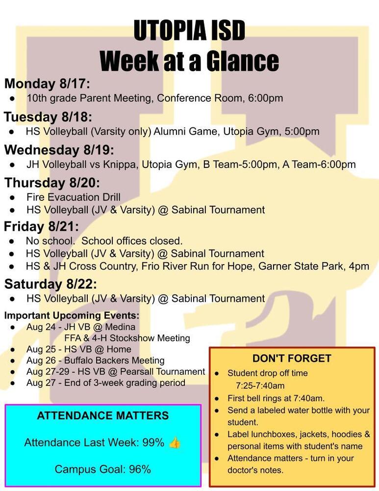 UTOPIA ISD Week at a Glance Monday 8/17: 10th grade Parent Meeting, Conference Room, 6:00pm Tuesday 8/18: HS Volleyball (Varsity only) Alumni Game, Utopia Gym, 5:00pm Wednesday 8/19: JH Volleyball vs Knippa, Utopia Gym, B Team-5:00pm, A Team-6:00pm Thursday 8/20: Fire Evacuation Drill HS Volleyball (JV & Varsity) @ Sabinal Tournament Friday 8/21: No school. School offices closed. HS Volleyball (JV & Varsity) @ Sabinal Tournament HS & JH Cross Country, Frio River Run for Hope, Garner State Park, 4pm Saturday 8/22: HS Volleyball (JV & Varsity) @ Sabinal Tournament Important Upcoming Events: Aug 24 - JH VB @ Medina FFA & 4-H Stockshow Meeting Aug 25 - HS VB @ Home Aug 26 - Buffalo Backers Meeting Aug 27-29 - HS VB @ Pearsall Tournament Aug 27 - End of 3-week grading period DON'T FORGET Student drop off time 7:25-7:40am First bell rings at 7:40am. Send a labeled water bottle with your student. Label lunchboxes, jackets, hoodies & personal items with student's name Attendance matters - turn in your doctor's notes. ATTENDANCE MATTERS Attendance Last Week: 99% 👍 Campus Goal: 96%