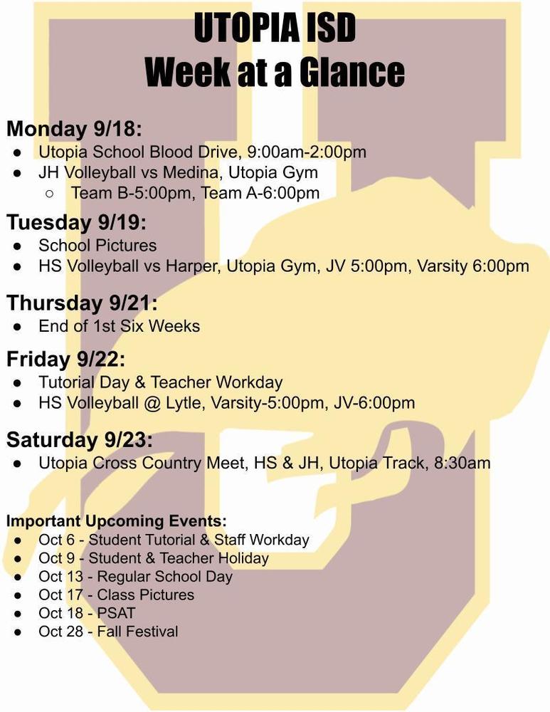 Utopia School's Week at a Glance for Sept 18-23. | Utopia ISD