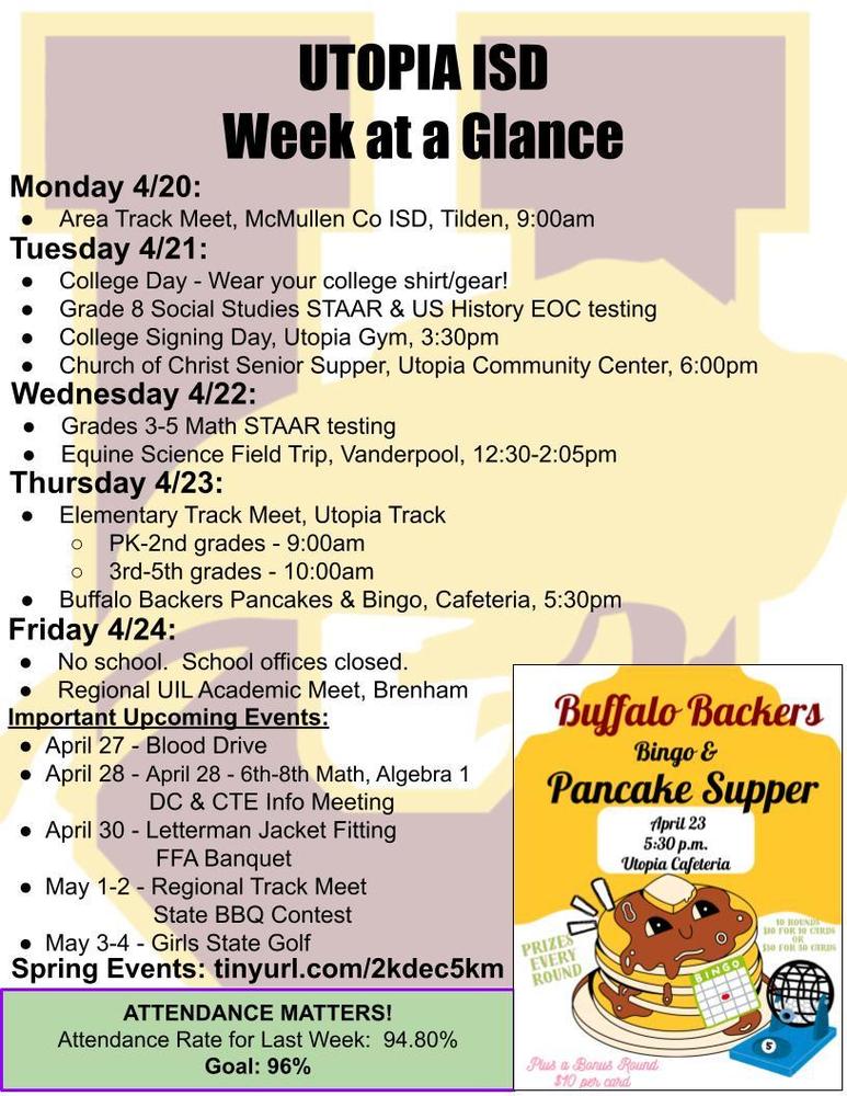UTOPIA ISD Week at a Glance Monday 4/20: Area Track Meet, McMullen Co ISD, Tilden, 9:00am Tuesday 4/21: College Day - Wear your college shirt/gear! Grade 8 Social Studies STAAR & US History EOC testing College Signing Day, Utopia Gym, 3:30pm Church of Christ Senior Supper, Utopia Community Center, 6:00pm Wednesday 4/22: Grades 3-5 Math STAAR testing Equine Science Field Trip, Vanderpool, 12:30-2:05pm Thursday 4/23: Elementary Track Meet, Utopia Track PK-2nd grades - 9:00am 3rd-5th grades - 10:00am Buffalo Backers Pancakes & Bingo, Cafeteria, 5:30pm Friday 4/24: No school.  School offices closed. Regional UIL Academic Meet, Brenham Important Upcoming Events: April 27 - Blood Drive April 28 - April 28 - 6th-8th Math, Algebra 1               DC & CTE Info Meeting April 30 - Letterman Jacket Fitting                FFA Banquet May 1-2 - Regional Track Meet 	       State BBQ Contest May 3-4 - Girls State Golf Spring Events: tinyurl.com/2kdec5km ATTENDANCE MATTERS! Attendance Rate for Last Week:  94.80% Goal: 96%