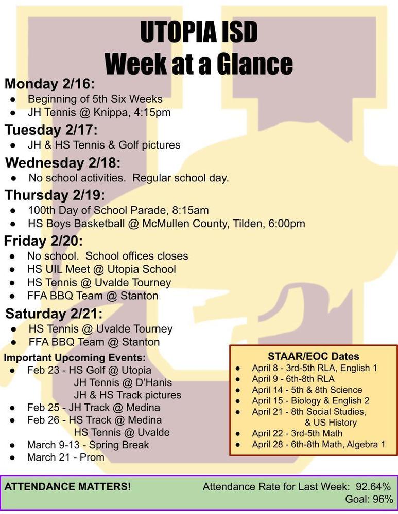 UTOPIA ISD Week at a Glance Monday 2/16: Beginning of 5th Six Weeks JH Tennis @ Knippa, 4:15pm Tuesday 2/17: JH & HS Tennis & Golf pictures Wednesday 2/18: No school activities.  Regular school day. Thursday 2/19: 100th Day of School Parade, 8:15am HS Boys Basketball @ McMullen County, Tilden, 6:00pm Friday 2/20: No school.  School offices closes HS UIL Meet @ Utopia School HS Tennis @ Uvalde Tourney FFA BBQ Team @ Stanton Saturday 2/21: HS Tennis @ Uvalde Tourney FFA BBQ Team @ Stanton Important Upcoming Events: Feb 23 - HS Golf @ Utopia JH Tennis @ D’Hanis JH & HS Track pictures Feb 25 - JH Track @ Medina Feb 26 - HS Track @ Medina 		HS Tennis @ Uvalde March 9-13 - Spring Break March 21 - Prom STAAR/EOC Dates April 8 - 3rd-5th RLA, English 1 April 9 - 6th-8th RLA April 14 - 5th & 8th Science April 15 - Biology & English 2 April 21 - 8th Social Studies,  & US History April 22 - 3rd-5th Math April 28 - 6th-8th Math, Algebra 1 ATTENDANCE MATTERS!                         Attendance Rate for Last Week:  92.64% Goal: 96% 