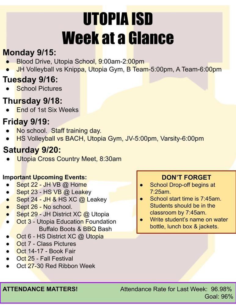 UTOPIA ISD Week at a Glance Monday 9/15: Blood Drive, Utopia School, 9:00am-2:00pm JH Volleyball vs Knippa, Utopia Gym, B Team-5:00pm, A Team-6:00pm Tuesday 9/16: School Pictures Thursday 9/18: End of 1st Six Weeks Friday 9/19: No school.  Staff training day. HS Volleyball vs BACH, Utopia Gym, JV-5:00pm, Varsity-6:00pm Saturday 9/20: Utopia Cross Country Meet, 8:30am Important Upcoming Events: Sept 22 - JH VB @ Home Sept 23 - HS VB @ Leakey Sept 24 - JH & HS XC @ Leakey Sept 26 - No school. Sept 29 - JH District XC @ Utopia Oct 3 - Utopia Education Foundation       Buffalo Boots & BBQ Bash Oct 6 - HS District XC @ Utopia Oct 7 - Class Pictures Oct 14-17 - Book Fair Oct 25 - Fall Festival Oct 27-30 Red Ribbon Week DON’T FORGET School Drop-off begins at 7:25am. School start time is 7:45am.  Students should be in the classroom by 7:45am. Write student’s name on water bottle, lunch box & jackets. ATTENDANCE MATTERS!                         Attendance Rate for Last Week:  96.98% Goal: 96%   