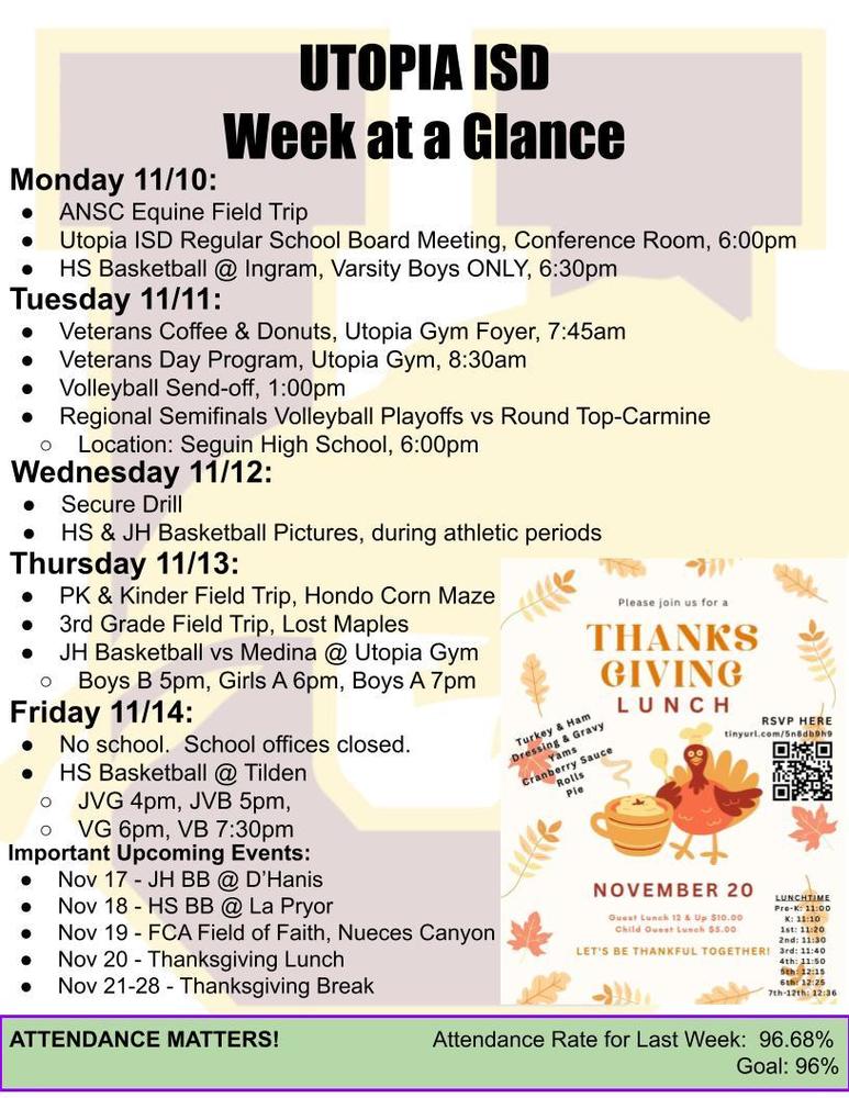 UTOPIA ISD Week at a Glance Monday 11/10: ANSC Equine Field Trip Utopia ISD Regular School Board Meeting, Conference Room, 6:00pm HS Basketball @ Ingram, Varsity Boys ONLY, 6:30pm Tuesday 11/11: Veterans Coffee & Donuts, Utopia Gym Foyer, 7:45am Veterans Day Program, Utopia Gym, 8:30am Volleyball Send-off, 1:00pm Regional Semifinals Volleyball Playoffs vs Round Top-Carmine Location: Seguin High School, 6:00pm Wednesday 11/12: Secure Drill HS & JH Basketball Pictures, during athletic periods Thursday 11/13: PK & Kinder Field Trip, Hondo Corn Maze 4th Grade Field Trip, Lost Maples JH Basketball vs Medina @ Utopia Gym Boys B 5pm, Girls A 6pm, Boys A 7pm Friday 11/14: No school.  School offices closed. HS Basketball @ Tilden JVG 4pm, JVB 5pm,  VG 6pm, VB 7:30pm Important Upcoming Events: Nov 17 - JH BB @ D’Hanis Nov 18 - HS BB @ La Pryor Nov 19 - FCA Field of Faith, Nueces Canyon Nov 20 - Thanksgiving Lunch Nov 21-28 - Thanksgiving Break ATTENDANCE MATTERS!                         Attendance Rate for Last Week:  96.68% Goal: 96% 
