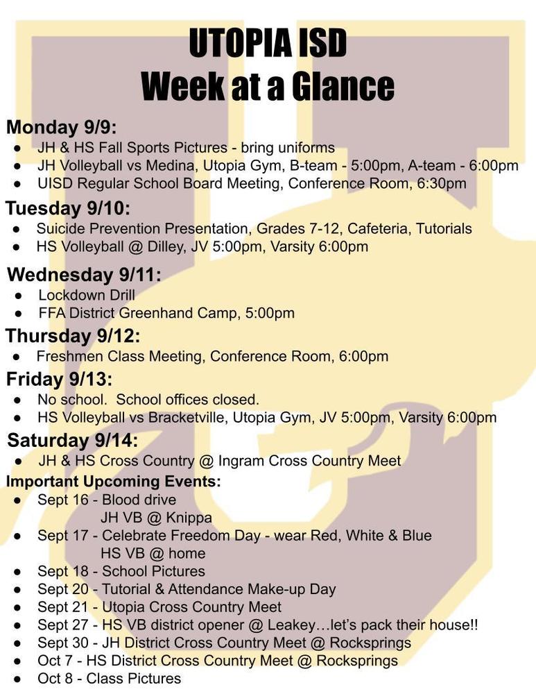 Utopia School's Week at a Glance for Sept 914. Utopia ISD