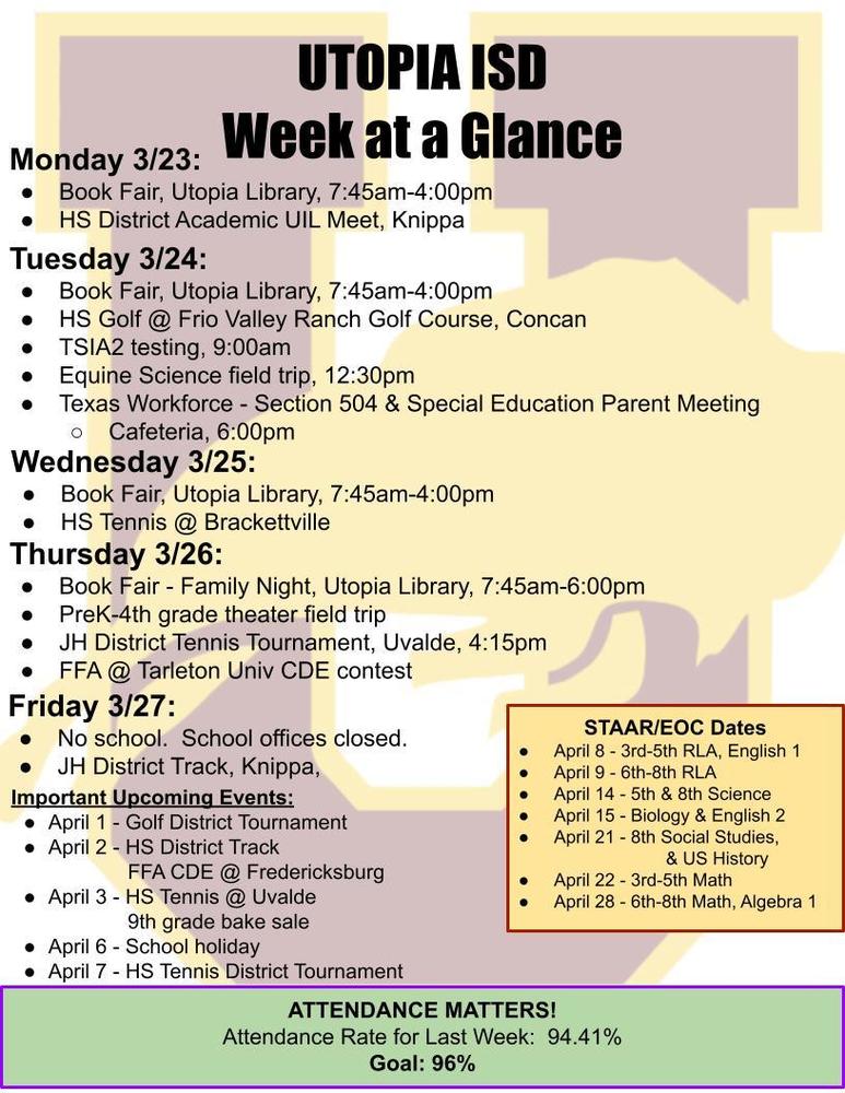 UTOPIA ISD Week at a Glance Monday 3/23: Book Fair, Utopia Library, 7:45am-4:00pm HS District Academic UIL Meet, Knippa Tuesday 3/24: Book Fair, Utopia Library, 7:45am-4:00pm HS Golf @ Frio Valley Ranch Golf Course, Concan TSIA2 testing, 9:00am Equine Science field trip, 12:30pm Texas Workforce - Section 504 & Special Education Parent Meeting Cafeteria, 6:00pm Wednesday 3/25: Book Fair, Utopia Library, 7:45am-4:00pm HS Tennis @ Brackettville Thursday 3/26: Book Fair - Family Night, Utopia Library, 7:45am-6:00pm PreK-4th grade theater field trip JH District Tennis Tournament, Uvalde, 4:15pm FFA @ Tarleton Univ CDE contest Friday 3/27: No school.  School offices closed. JH District Track, Knippa,  Important Upcoming Events: April 1 - Golf District Tournament April 2 - HS District Track    FFA CDE @ Fredericksburg April 3 - HS Tennis @ Uvalde    9th grade bake sale  April 6 - School holiday April 7 - HS Tennis District Tournament  STAAR/EOC Dates April 8 - 3rd-5th RLA, English 1 April 9 - 6th-8th RLA April 14 - 5th & 8th Science April 15 - Biology & English 2 April 21 - 8th Social Studies,  & US History April 22 - 3rd-5th Math April 28 - 6th-8th Math, Algebra 1 ATTENDANCE MATTERS! Attendance Rate for Last Week:  94.41% Goal: 96%