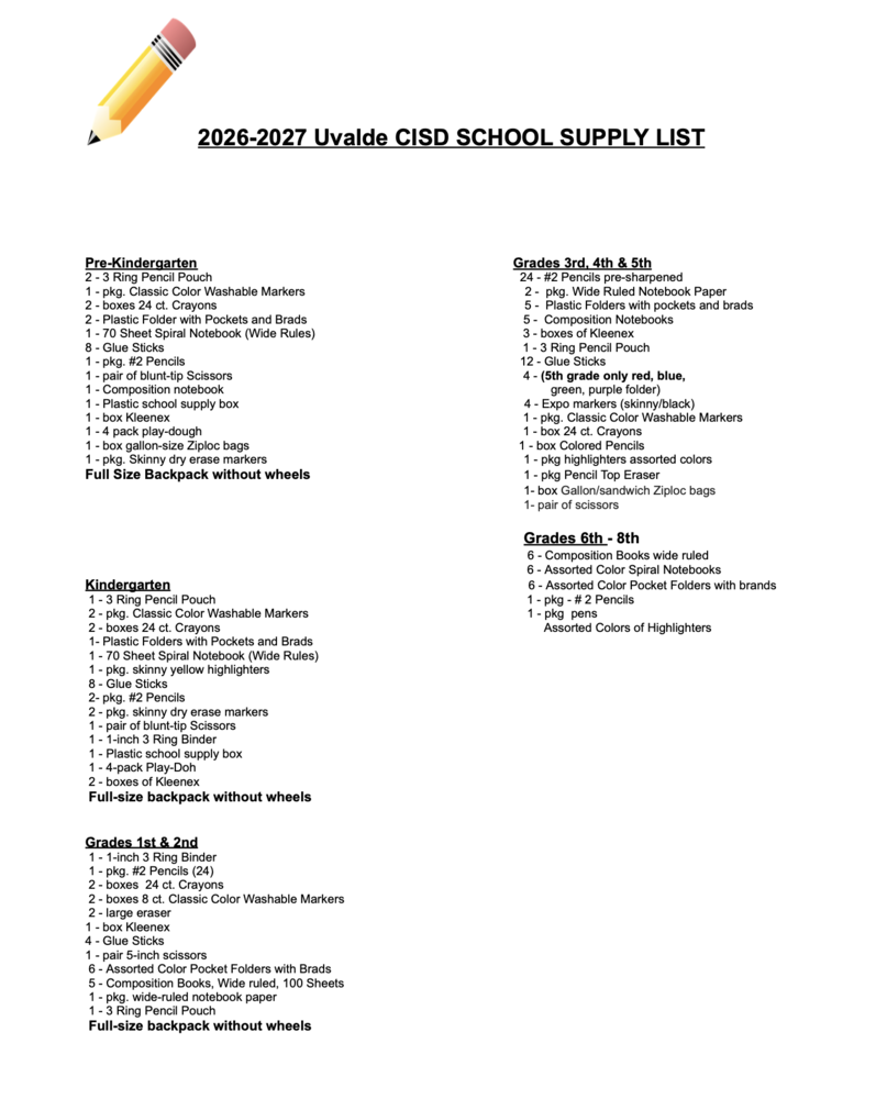 Uvalde CISD School Supply List