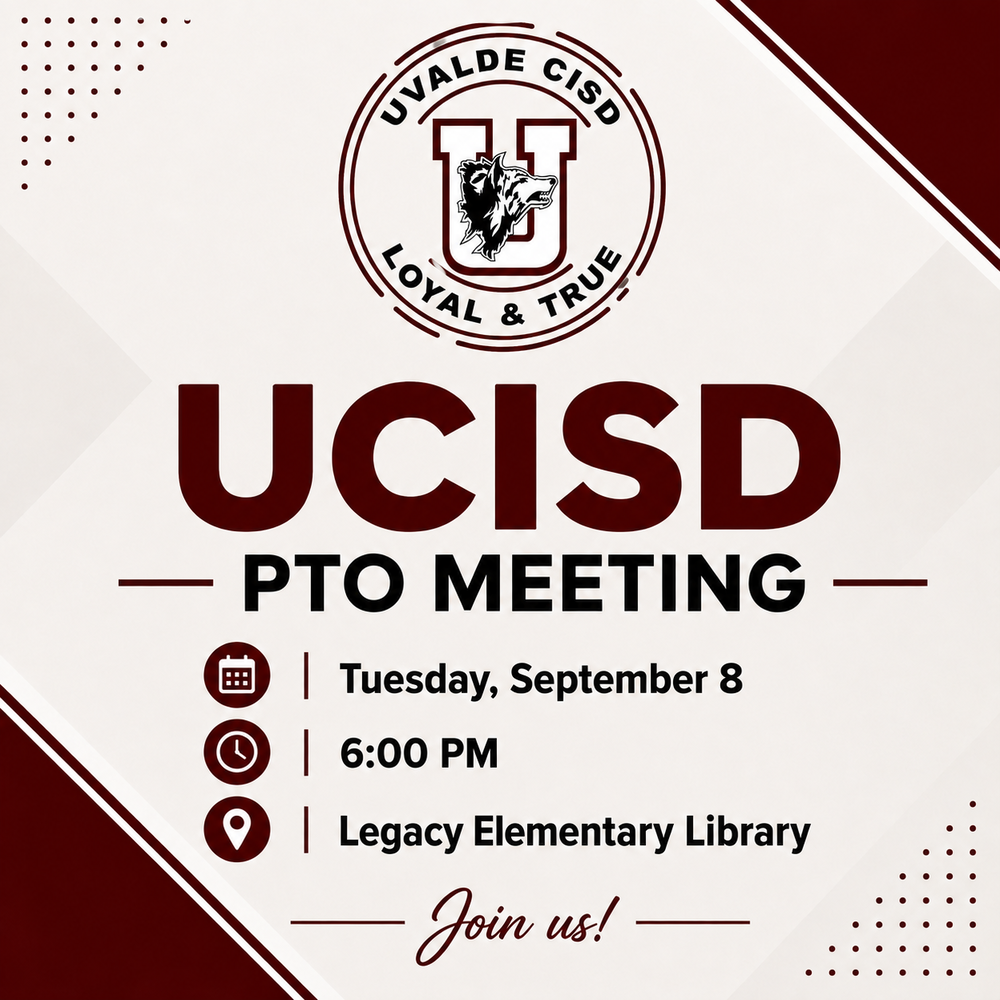 📣 Join Us for the UCISD PTO Meeting! Parents, guardians, and community members are invited to attend the UCISD PTO Meeting on Tuesday, September 8, at 6:00 PM in the Legacy Elementary Library. Come learn more, get involved, and help support our students, staff, and schools. We look forward to seeing you there!