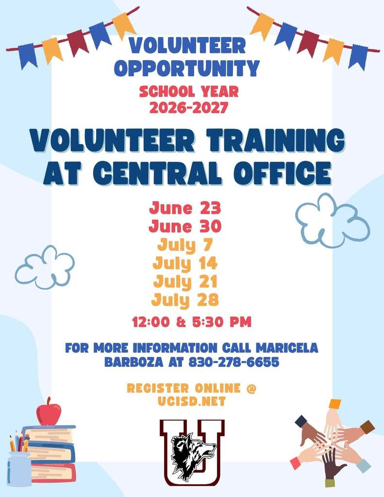 📢 Volunteer Training Reminder Interested in volunteering at Uvalde CISD during the 2026–2027 school year? Join us tomorrow for Volunteer Training at the UCISD Central Office. Tuesday, June 23rd 🕛 12:00 PM 🕠 5:30 PM Volunteers must complete training before serving on a campus during the upcoming school year. 📞 For more information, please contact Maricela Barboza at 830-278-6655.